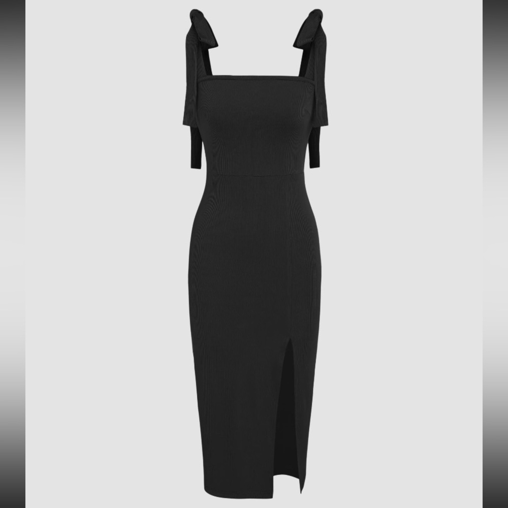 CIDER square neck bow knot split midi bodycon dress
